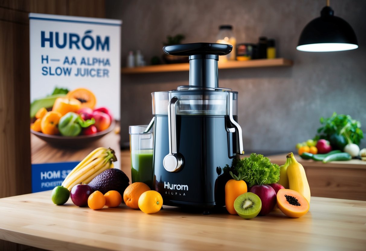 A sleek Hurom H-AA Alpha Slow Juicer surrounded by colorful fruits and vegetables, with a promotional banner in the background