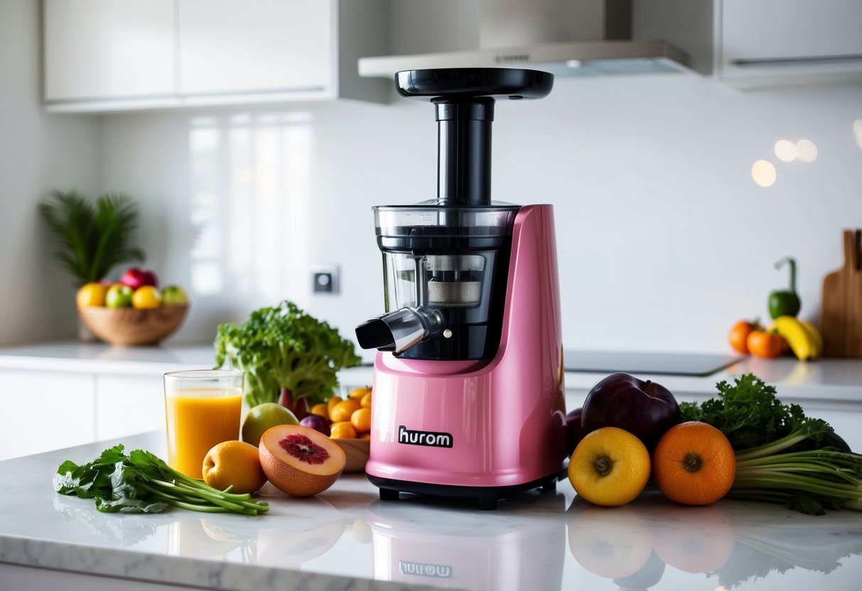 A pink Hurom HP Slow Juicer sits on a clean, modern kitchen counter, surrounded by fresh fruits and vegetables ready to be juiced
