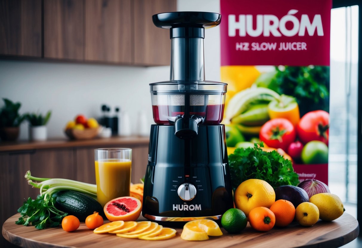 A sleek Hurom HZ Slow Juicer surrounded by vibrant fruits and vegetables, with a promotional banner nearby