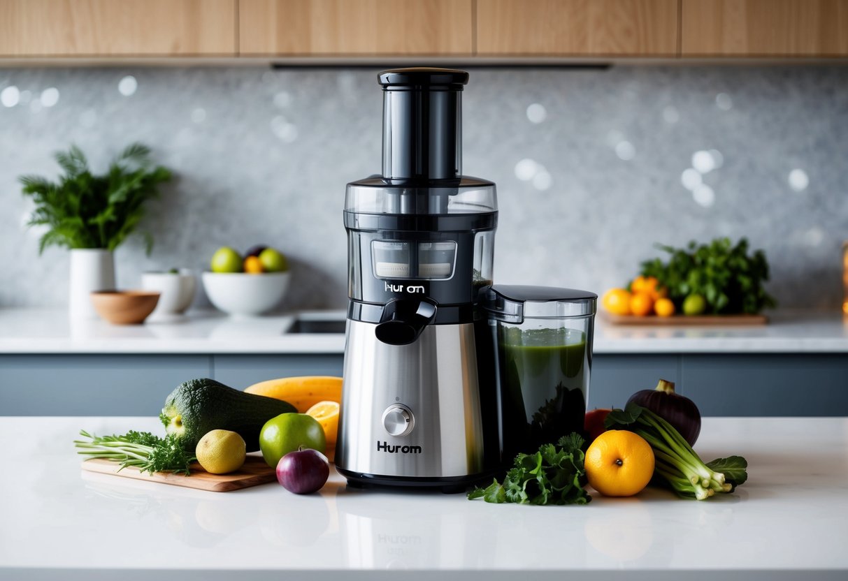 A modern kitchen counter with the Hurom H101 Easy Clean Slow Juicer prominently displayed, surrounded by various fruits and vegetables
