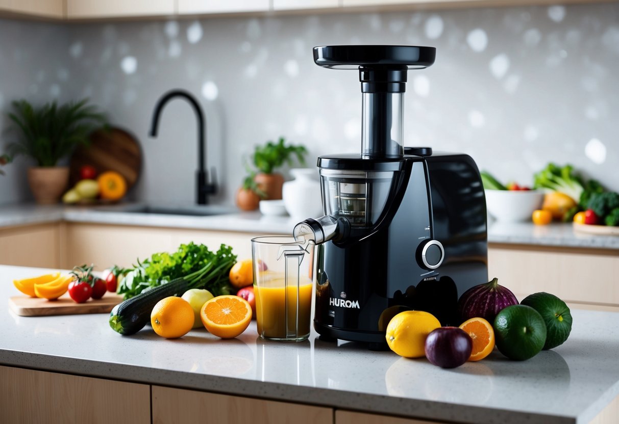 A modern kitchen countertop with the Hurom HU-100 Masticating Slow Juicer surrounded by various fruits and vegetables