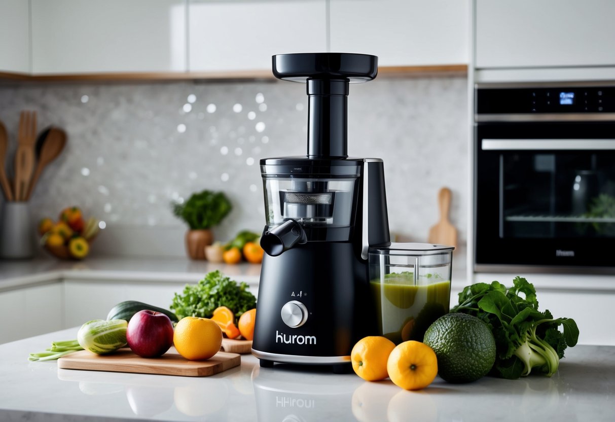 A modern kitchen counter with a sleek Hurom H-AF Slow Juicer surrounded by fresh fruits and vegetables