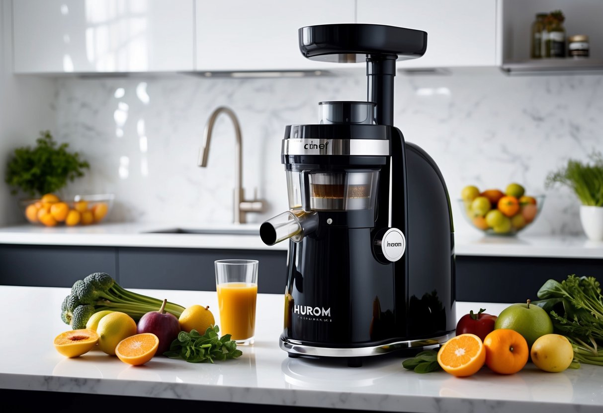 A sleek, modern kitchen counter with the Hurom Chef GI Series Gourmet Slow Juicer as the focal point, surrounded by fresh fruits and vegetables