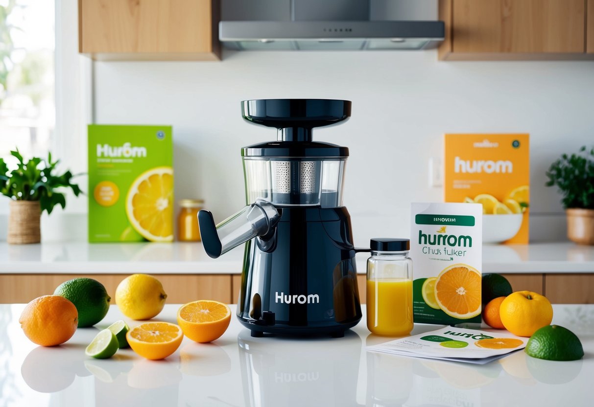 A bright, modern kitchen counter with a sleek Hurom Citrus Juicer in the center, surrounded by fresh citrus fruits and promotional materials