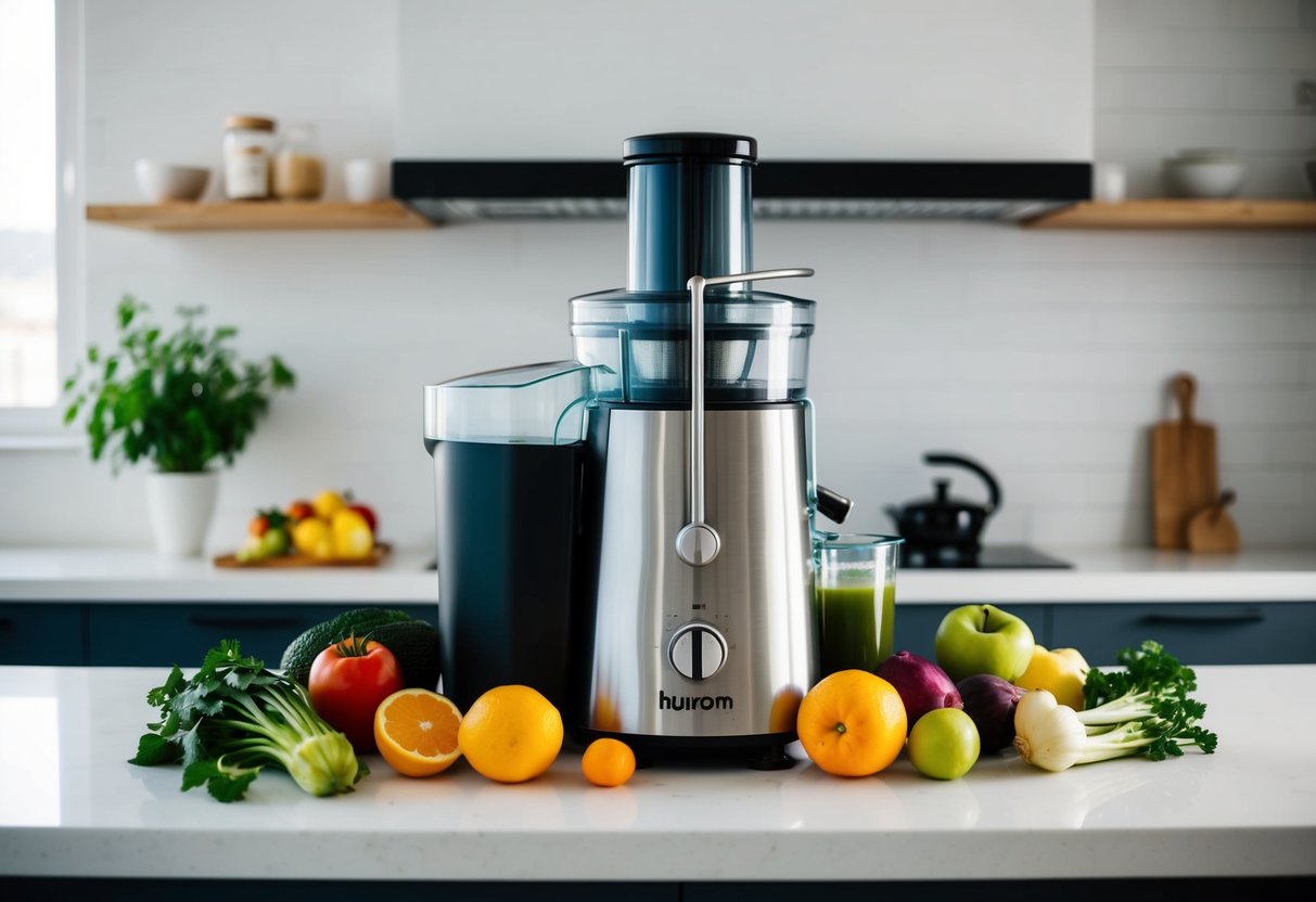 A modern kitchen counter with a sleek Hurom Easy Clean Juicer surrounded by fresh fruits and vegetables