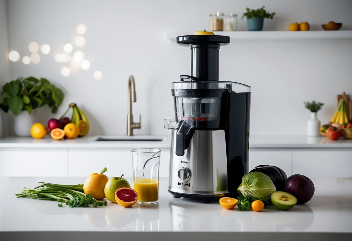A sleek, modern juicer sits on a clean, minimalist kitchen counter, surrounded by fresh fruits and vegetables ready to be juiced