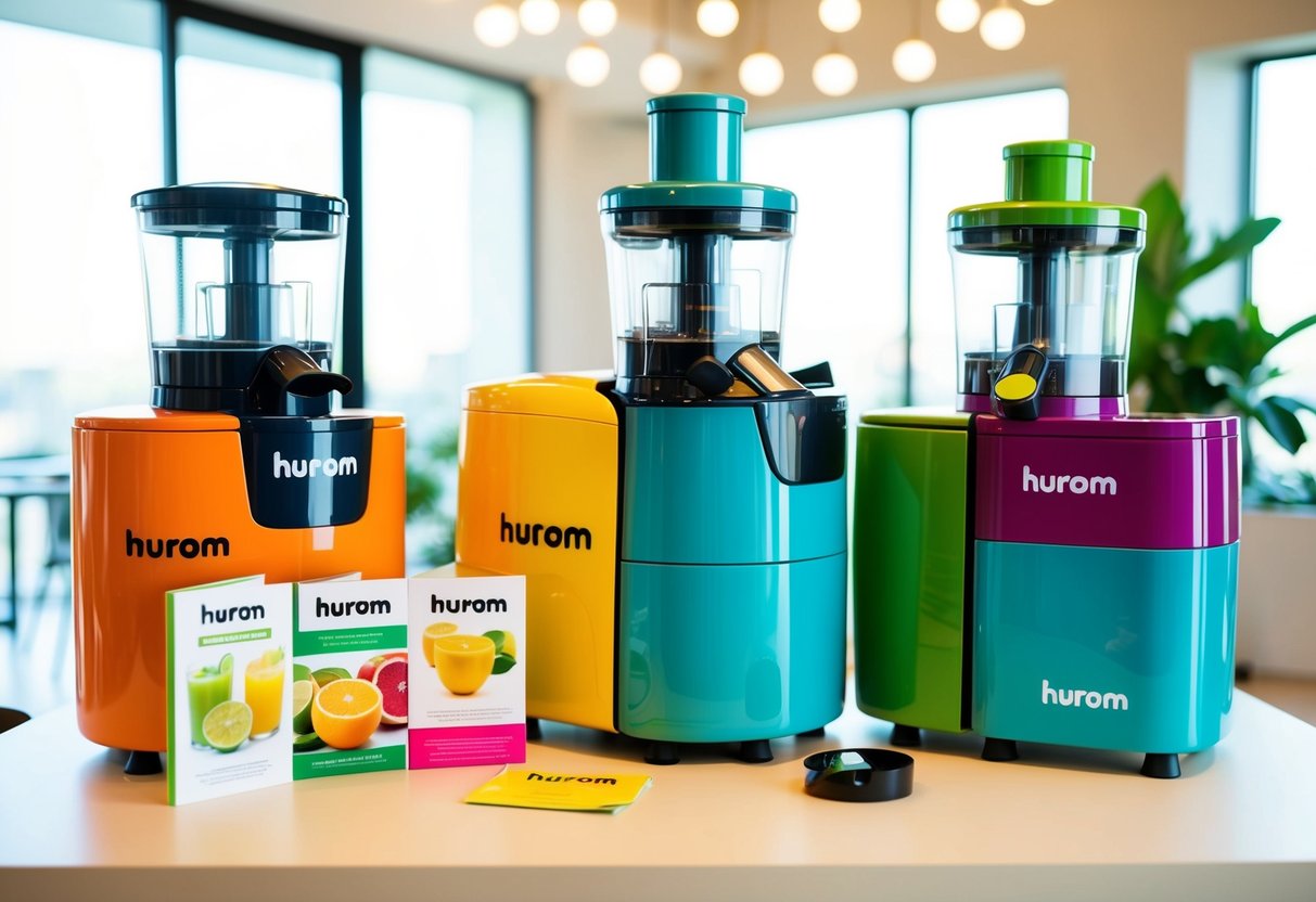 A colorful display of Hurom juicers and promotional materials in a bright, modern setting