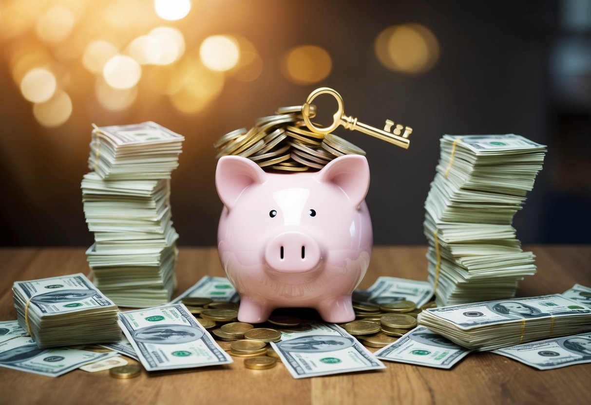 A piggy bank overflowing with coins and dollar bills, surrounded by stacks of money and a shining golden key