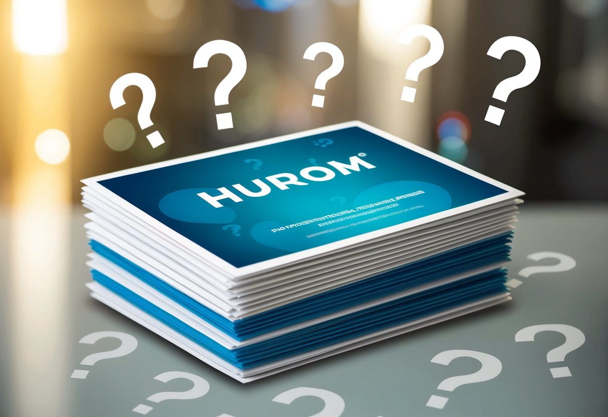 A stack of promotional materials with the Hurom logo, surrounded by question marks and a sense of curiosity