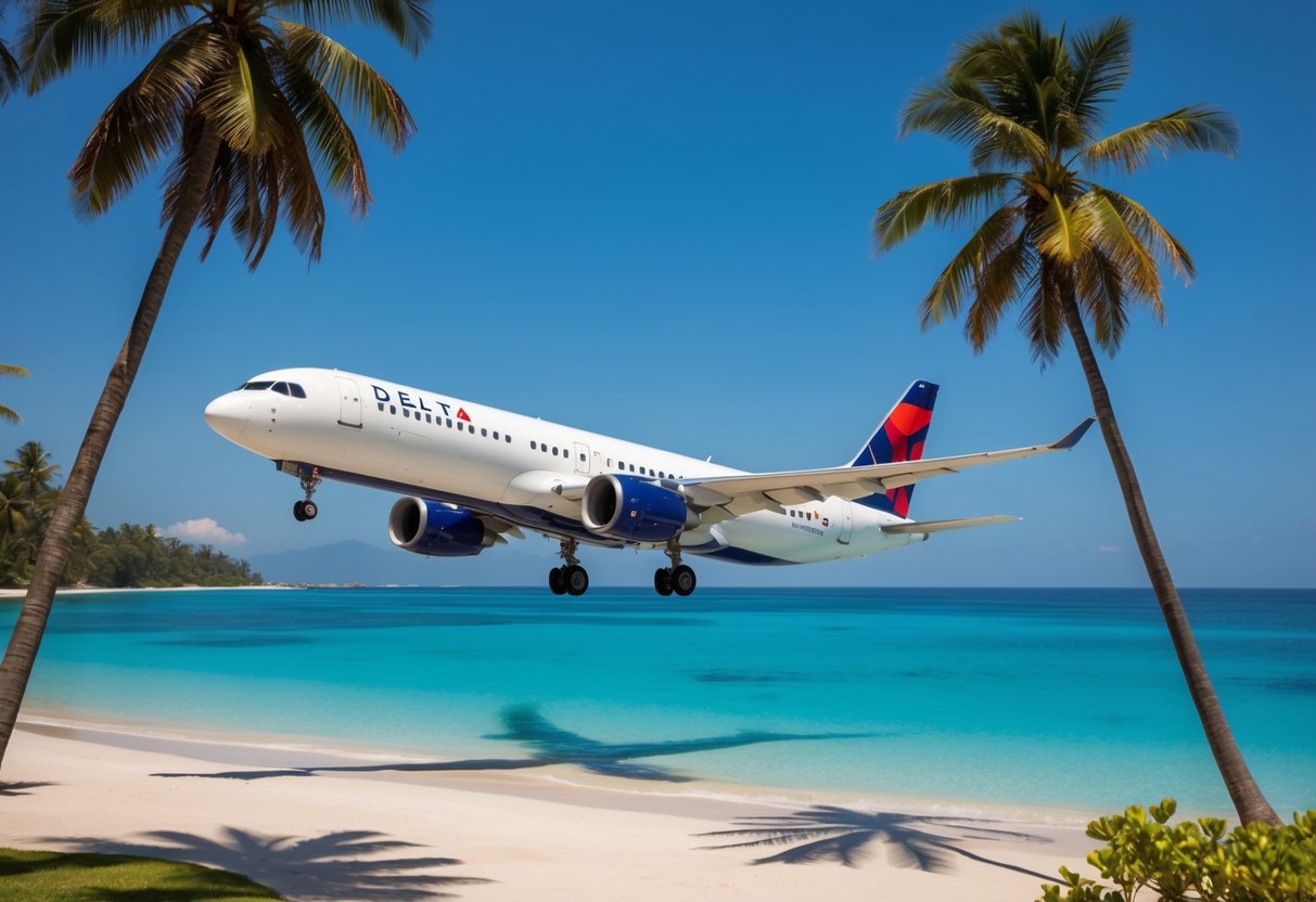 A plane flying over a tropical beach with palm trees and clear blue water, advertising Delta Airlines promotions