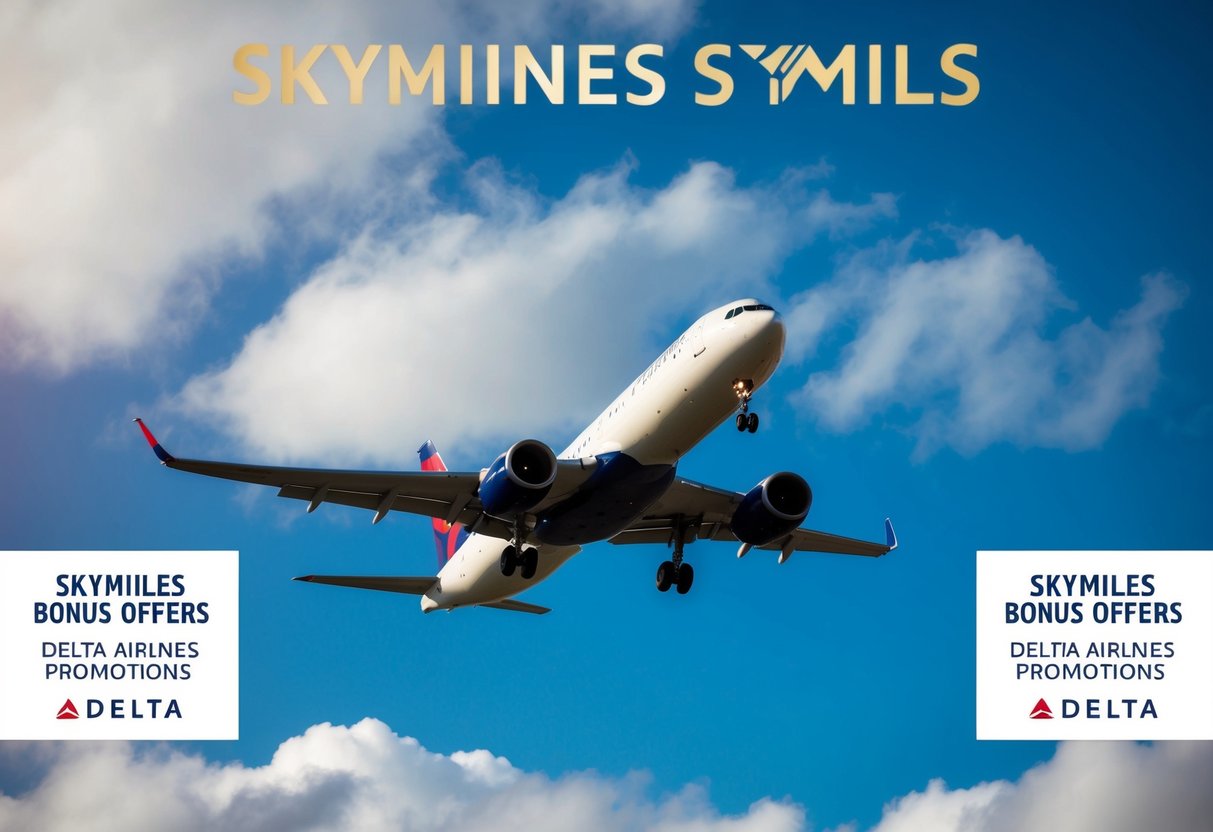 A plane flying through a blue sky with fluffy white clouds, surrounded by a banner of SkyMiles Bonus Offers and Delta Airlines promotions