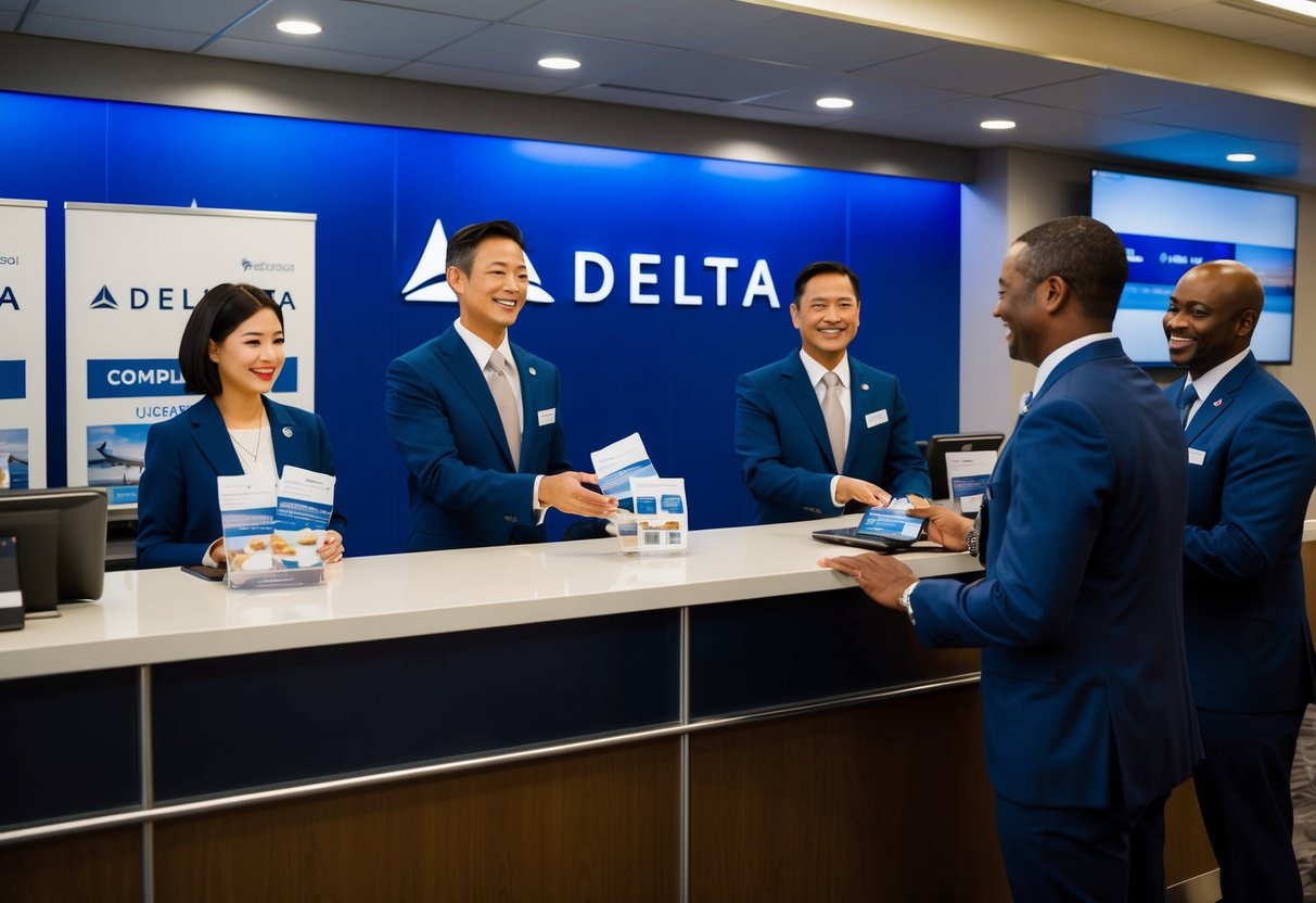 Passengers receiving complimentary upgrades at a Delta Airlines check-in counter, with smiling staff and a backdrop of the airline's logo and promotional materials