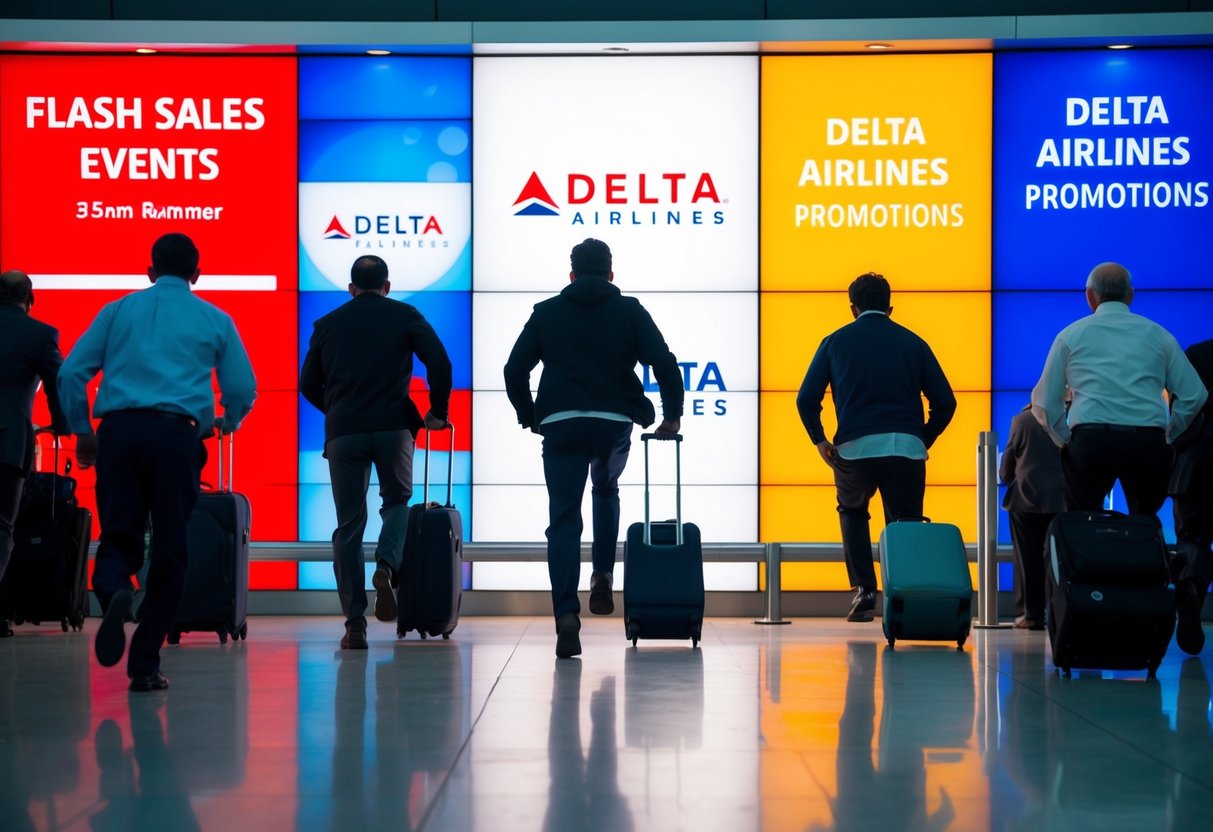 Passengers rushing towards a brightly lit display of "Flash Sales Events" and "Delta Airlines Promotions" at the airport