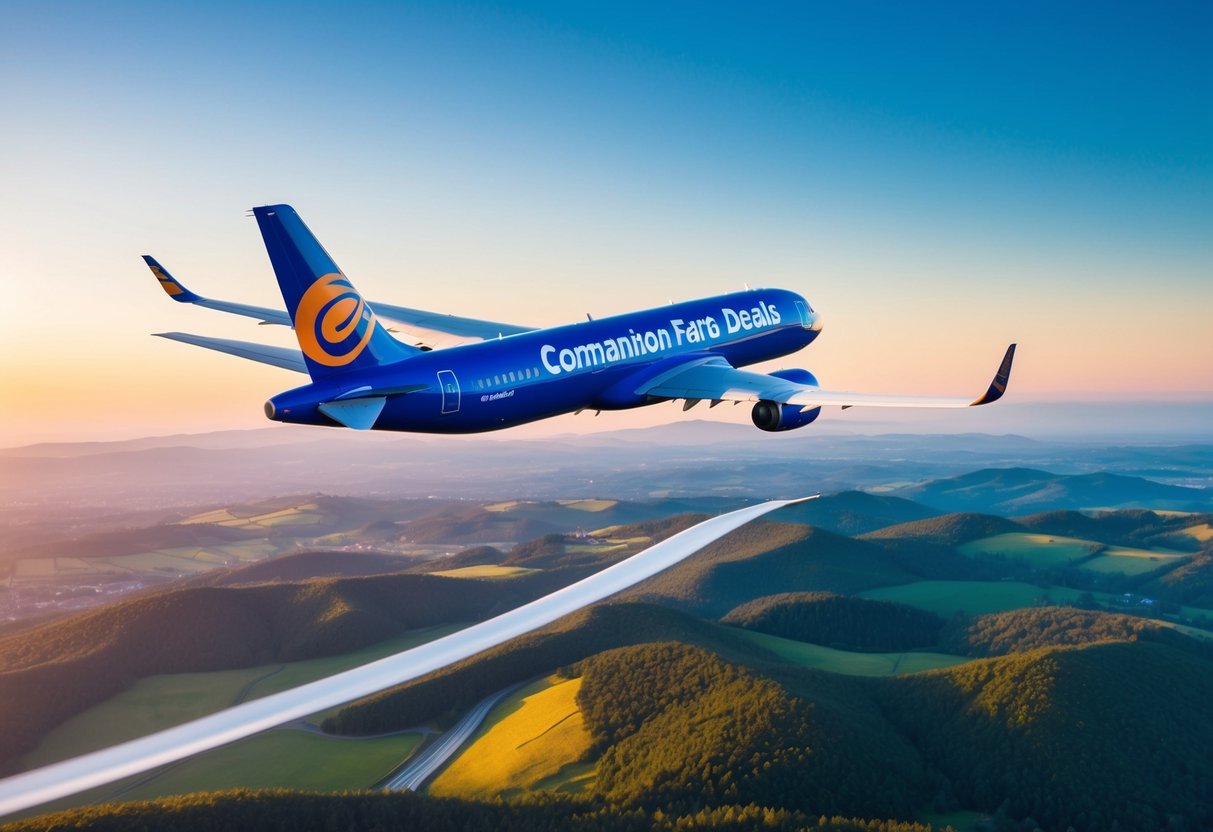 A vibrant airplane flying over a scenic landscape with a "Companion Fare Deals" banner displayed on its tail
