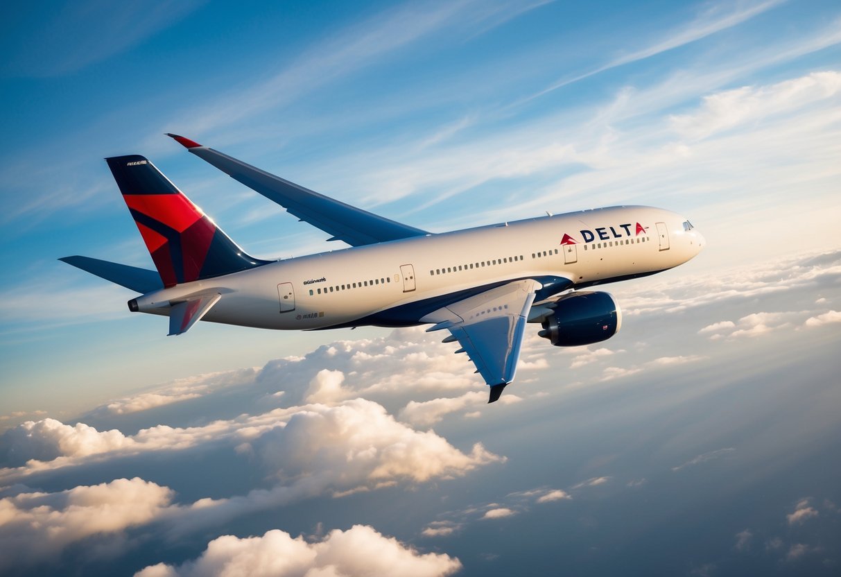 A sleek, modern airplane soaring through a cloud-dappled sky, with the Delta Airlines logo prominently displayed on the tail
