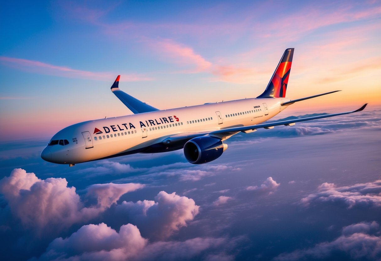 A sleek airplane soaring through the sky with a prominent Delta Airlines logo, surrounded by clouds and a vibrant sunset