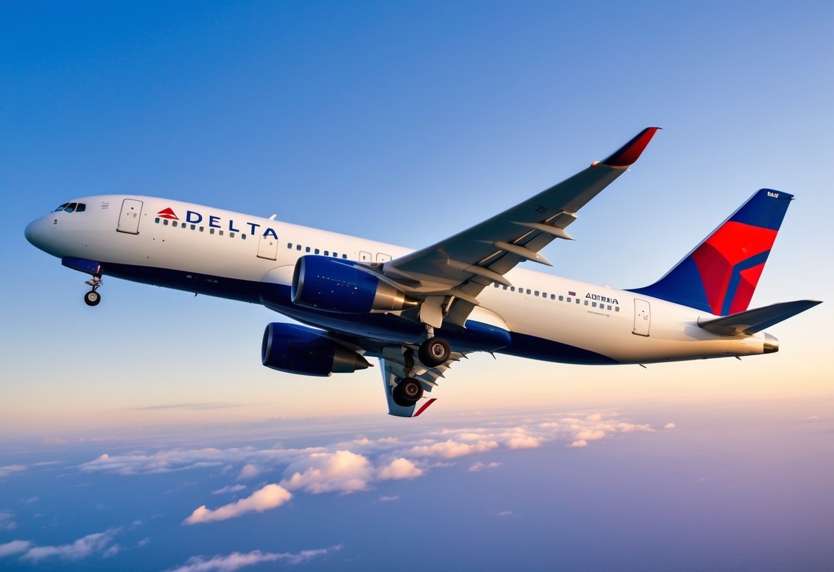 A vibrant airplane soaring through a blue sky with the Delta Airlines logo prominently displayed on the tail fin
