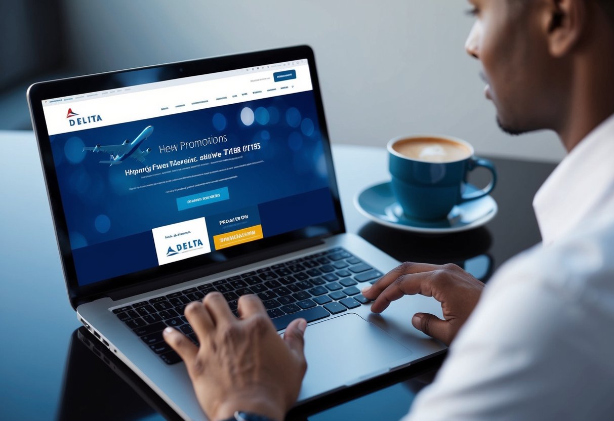 A traveler browsing Delta Airlines website for promotions on a laptop with the airline's logo visible