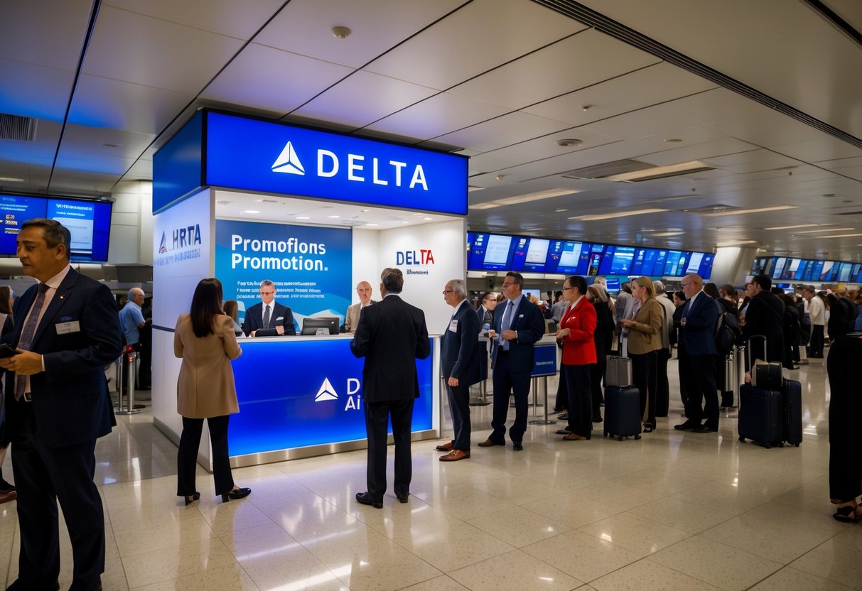 A busy airport terminal with a prominent Delta Airlines promotions booth and a crowd of people asking questions