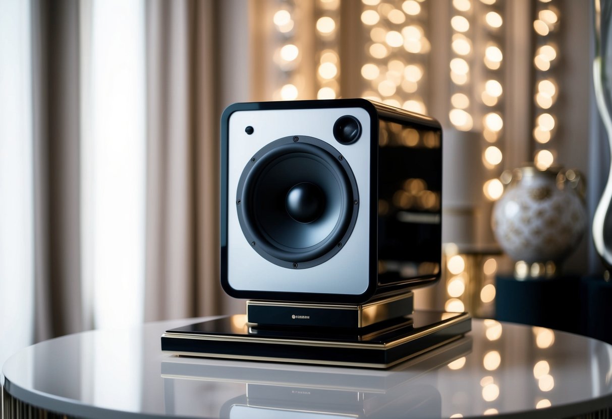 A luxurious speaker sits on a sleek pedestal, surrounded by soft lighting and a backdrop of elegant, modern decor