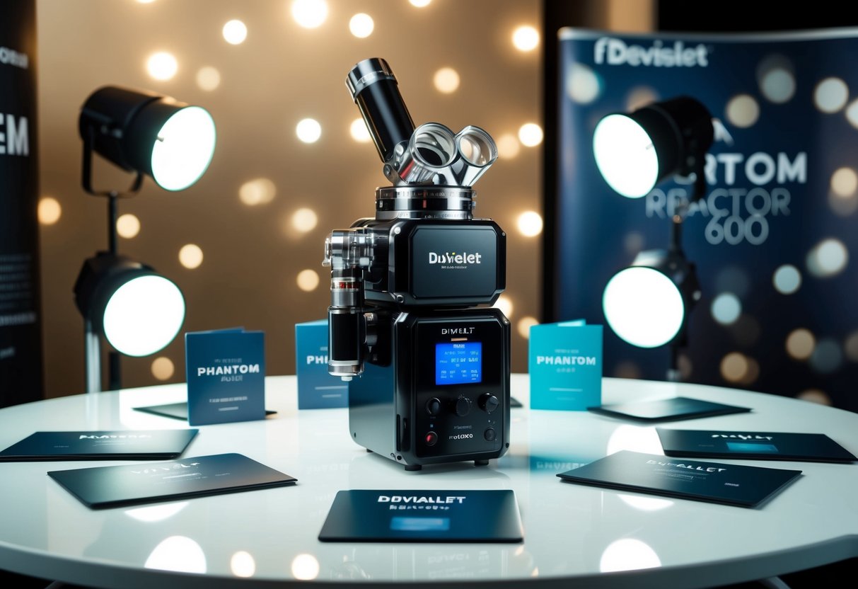 A sleek Devialet Phantom Reactor 600 sits on a modern table, surrounded by promotional materials and spotlights