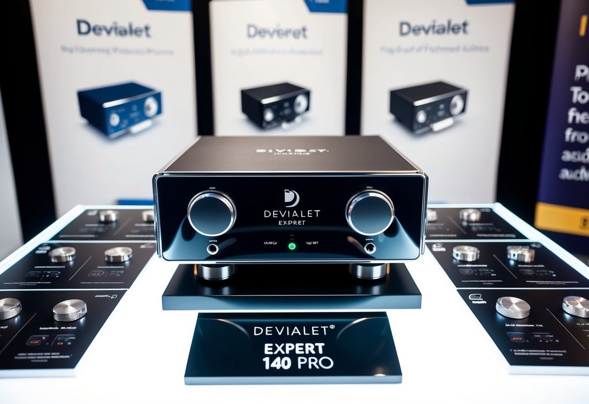 A sleek Devialet Expert 140 Pro sits on a modern audio equipment display, surrounded by promotional materials