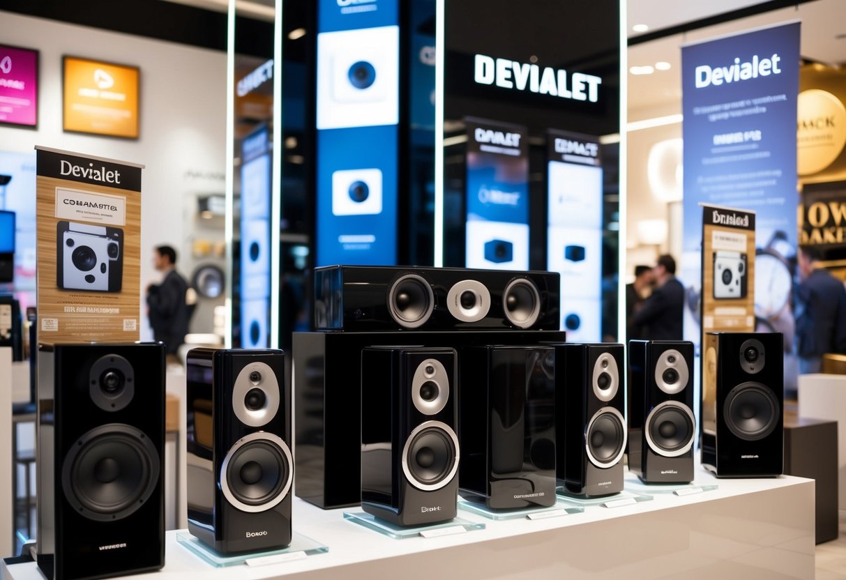 A sleek, modern store with Devialet speakers on display, surrounded by promotional signs and banners