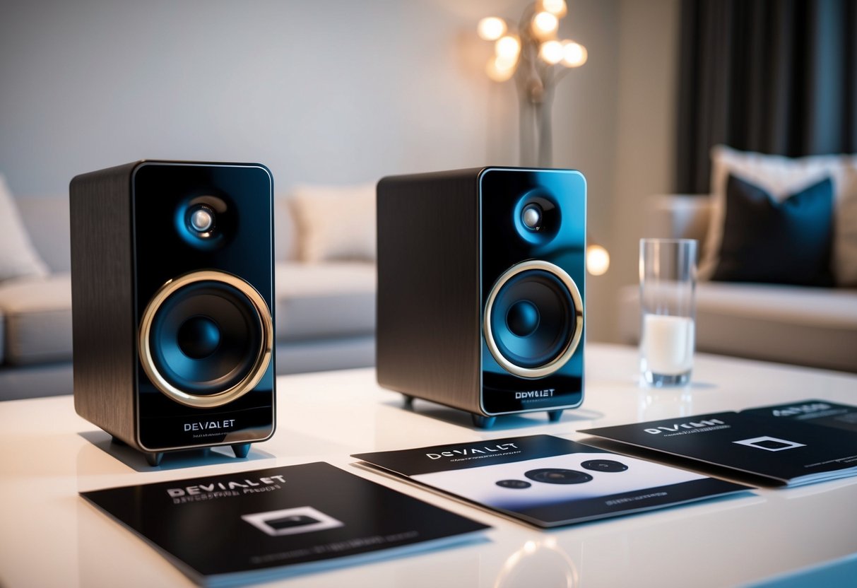 A sleek, modern room with soft, ambient lighting. A pair of Devialet Gemini speakers are prominently displayed, surrounded by promotional materials