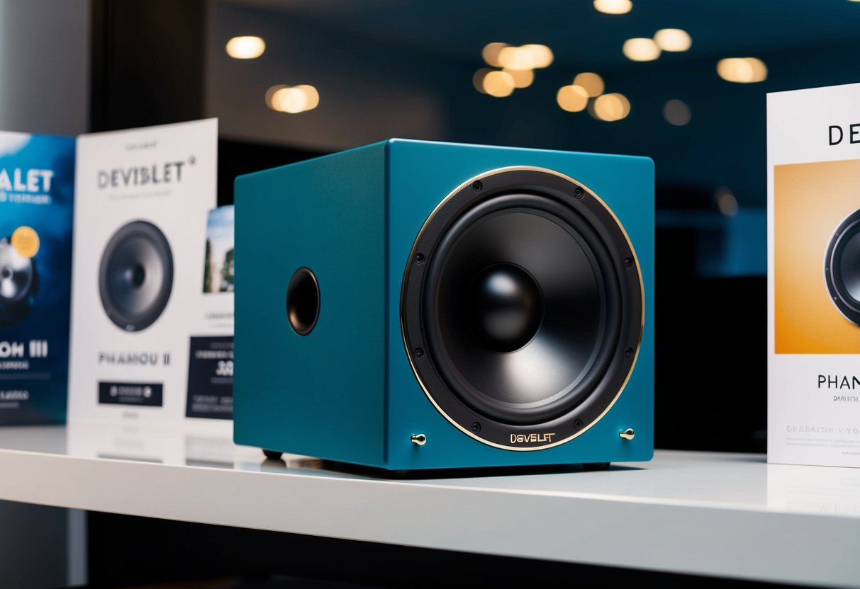 A sleek Devialet Phantom II speaker sits on a modern shelf, surrounded by promotional materials