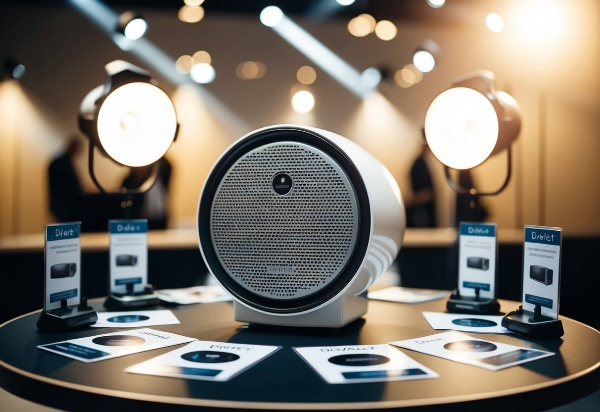 A sleek Devialet Arch speaker sits on a modern table, surrounded by promotional materials and spotlights