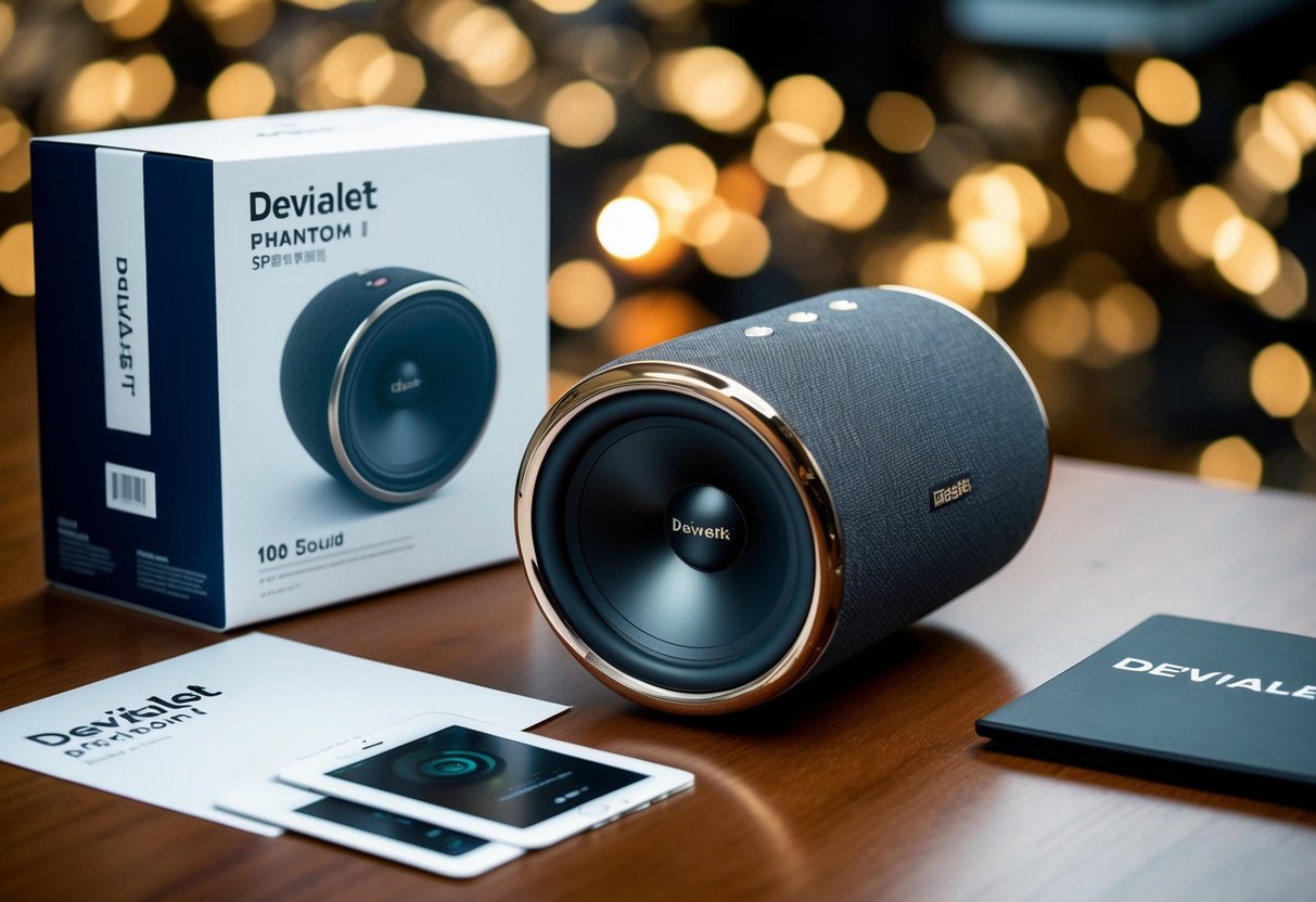 A sleek Devialet Phantom I speaker emits 108 dB sound, with promotional materials nearby