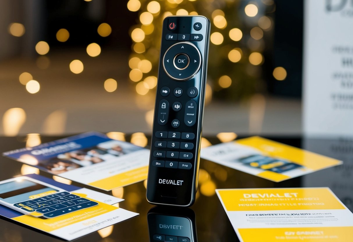 A sleek Devialet Remote sits on a polished surface, surrounded by promotional materials