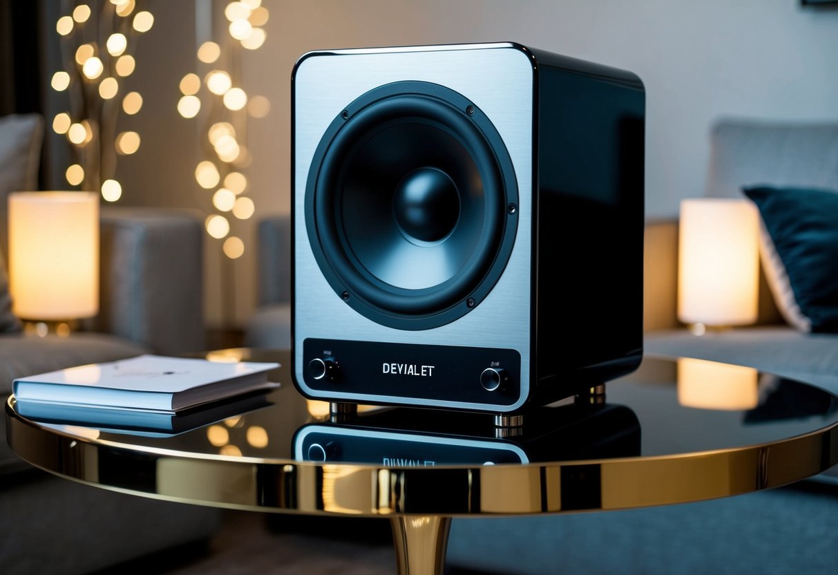 A sleek Devialet speaker sits atop a polished table, surrounded by soft mood lighting and modern decor