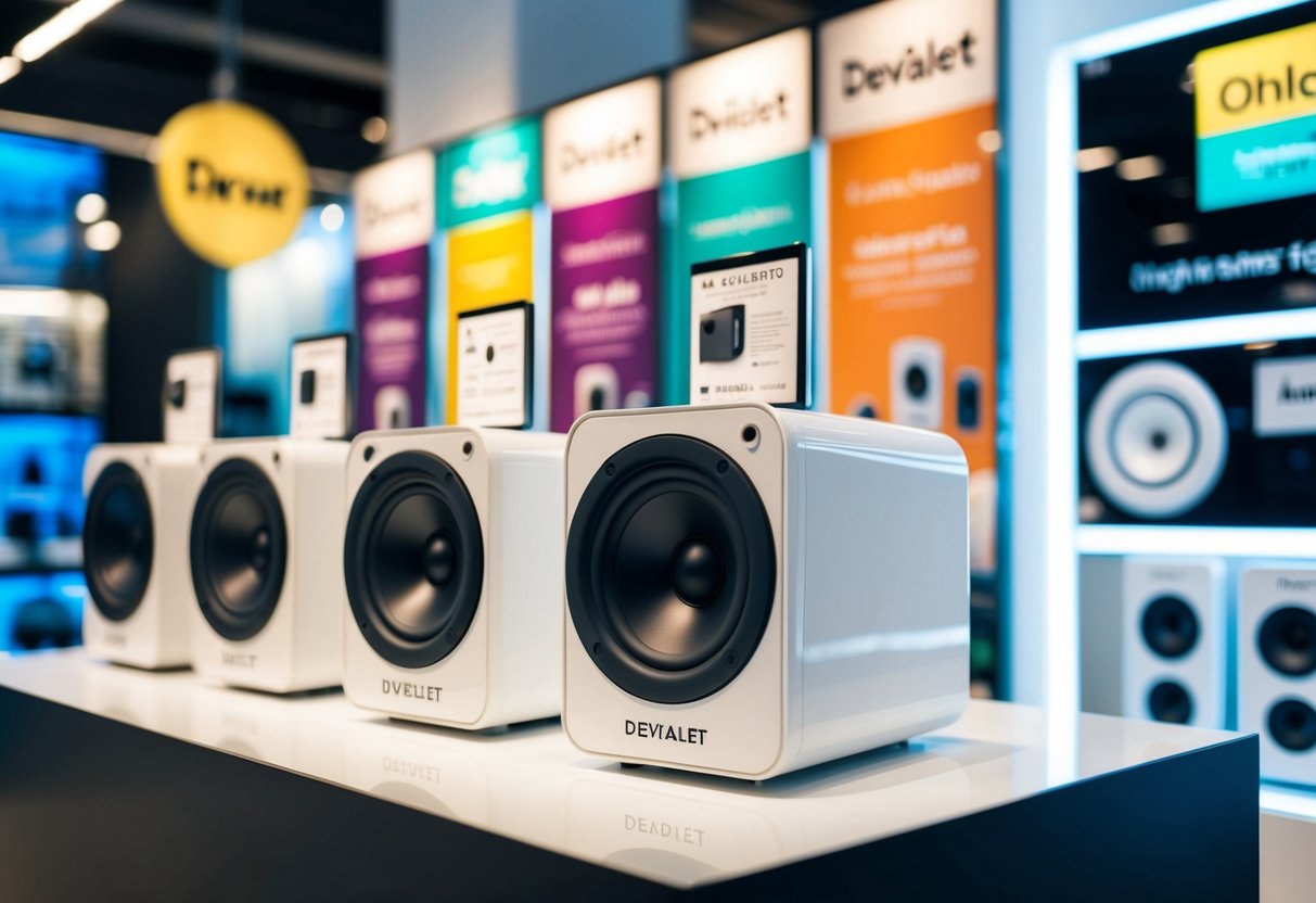 A sleek, modern store display showcasing Devialet speakers with eye-catching promotional signage and vibrant colors