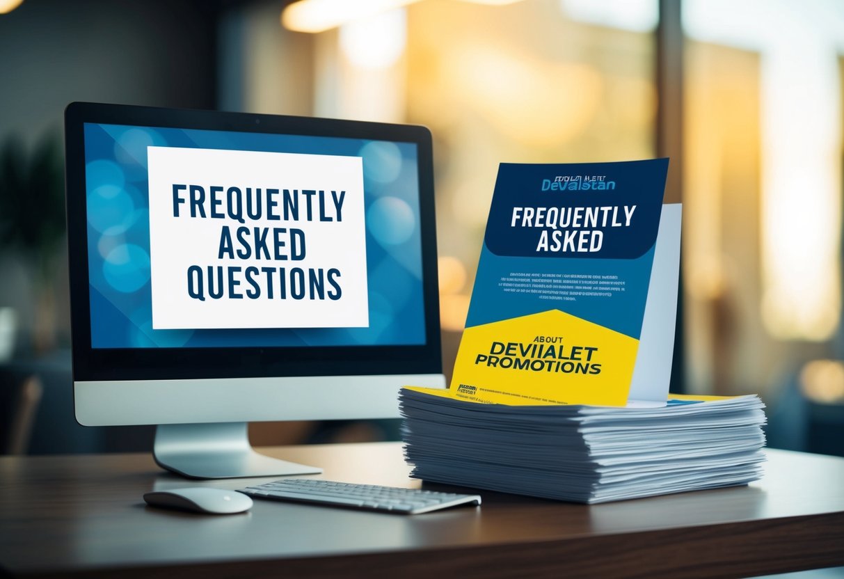 A stack of promotional flyers and a computer screen displaying "Frequently Asked Questions" about Devialet promotions
