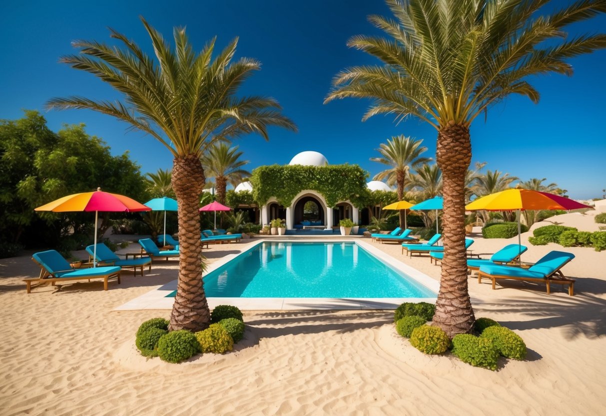 A lush oasis with palm trees, a sparkling pool, and colorful umbrellas surrounded by desert sand and clear blue skies