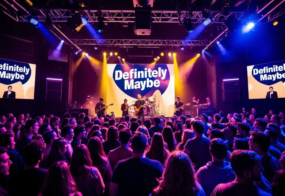 A crowded nightclub with flashing lights and a stage featuring the "Definitely Maybe" album cover backdrop. Fans eagerly await the band's arrival