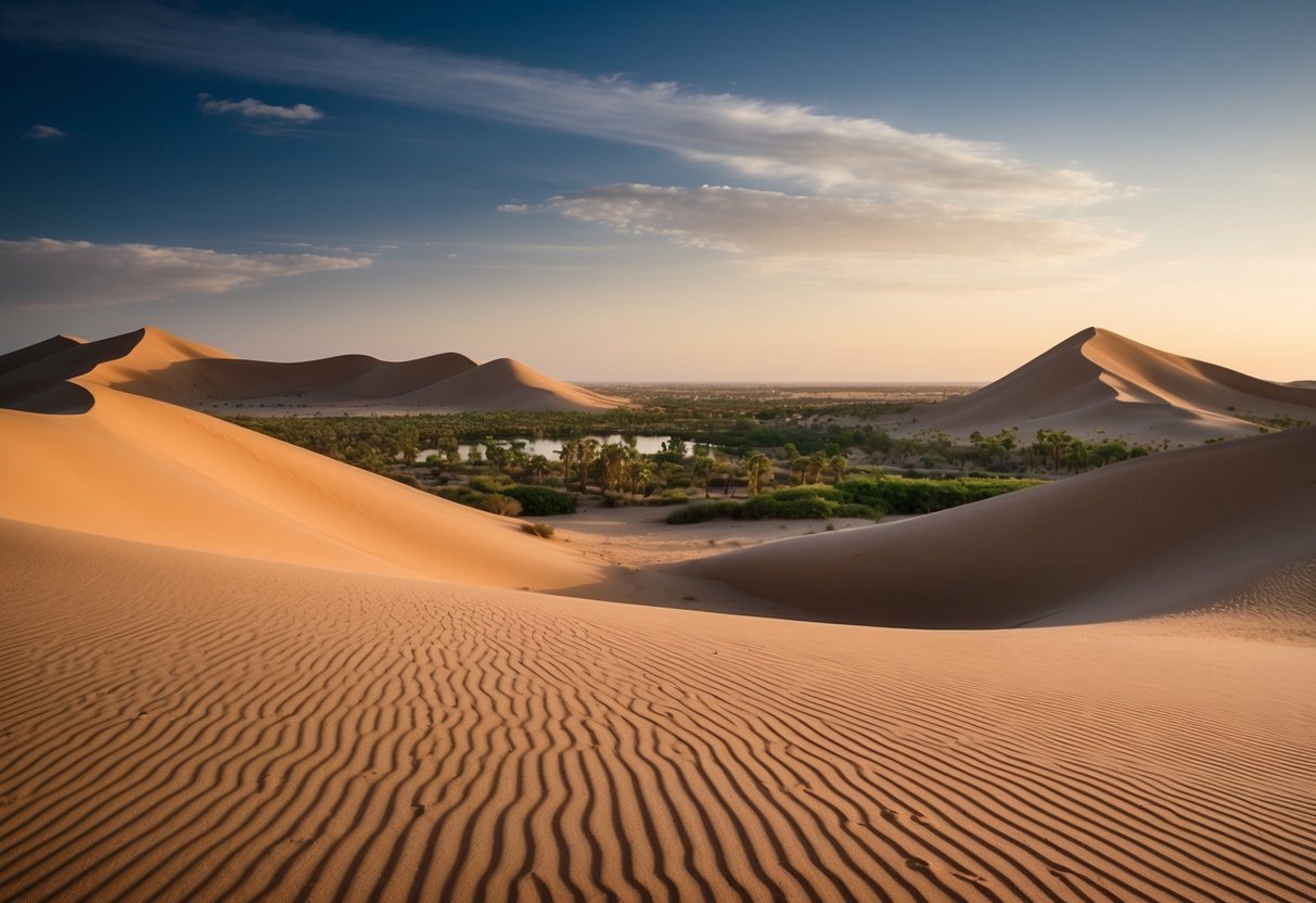 A vast desert landscape with a lush oasis in the distance, surrounded by towering sand dunes. The setting sun casts a warm, golden glow over the scene