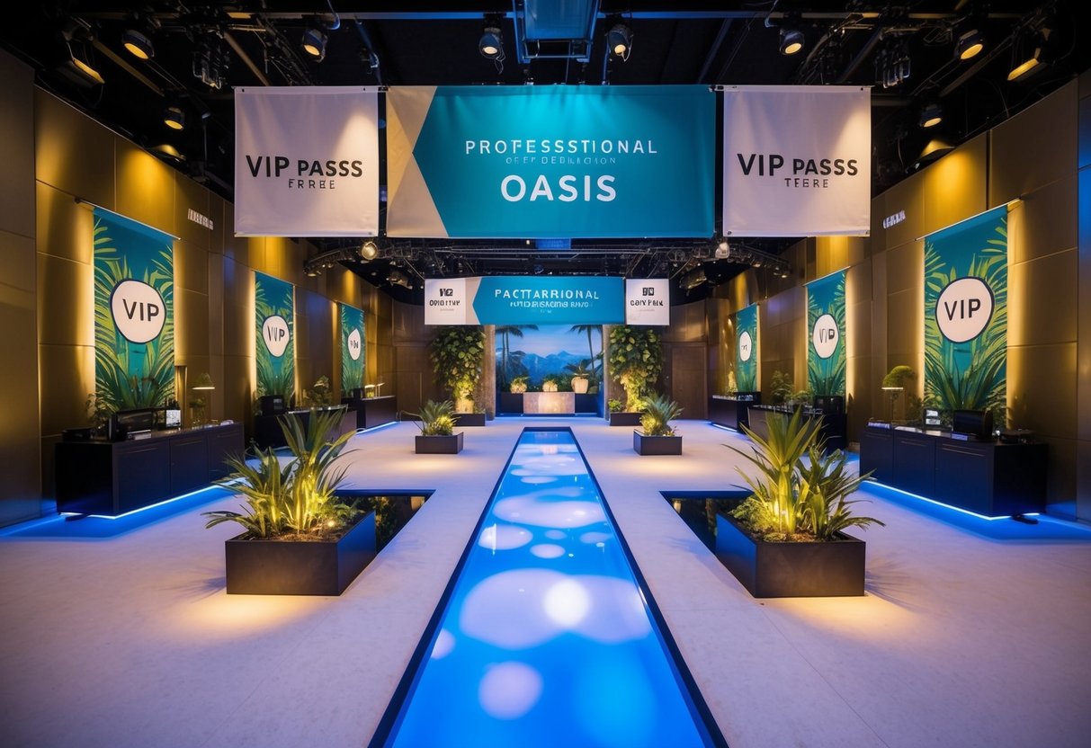 A luxurious backstage area with VIP passes, promotional banners, and an oasis theme