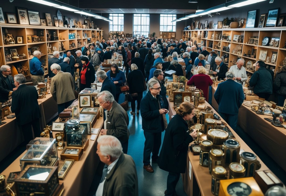 A crowded room filled with vintage memorabilia and collectibles displayed on tables and shelves, with customers browsing and admiring the unique items