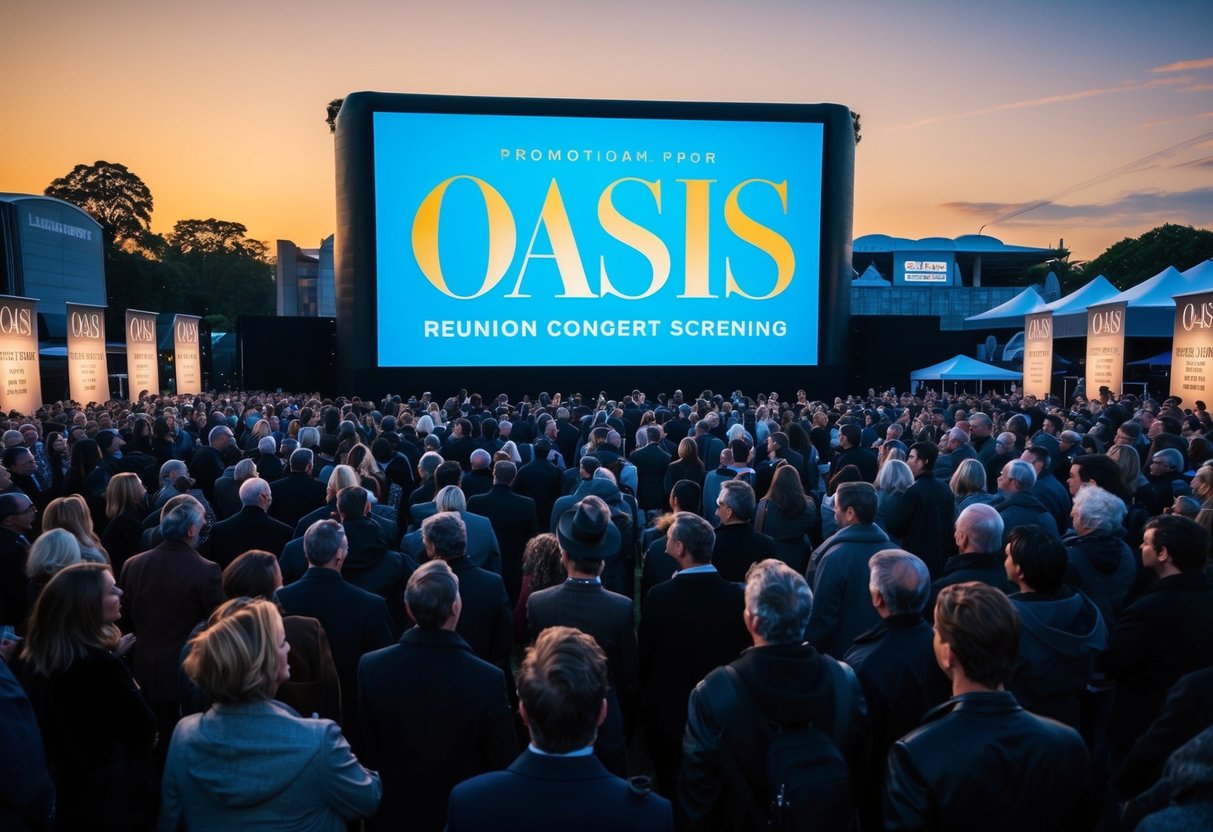 Crowds gather in front of a large screen, lit up with the Oasis logo. Promotional banners line the area, creating an atmosphere of anticipation for the reunion concert screening