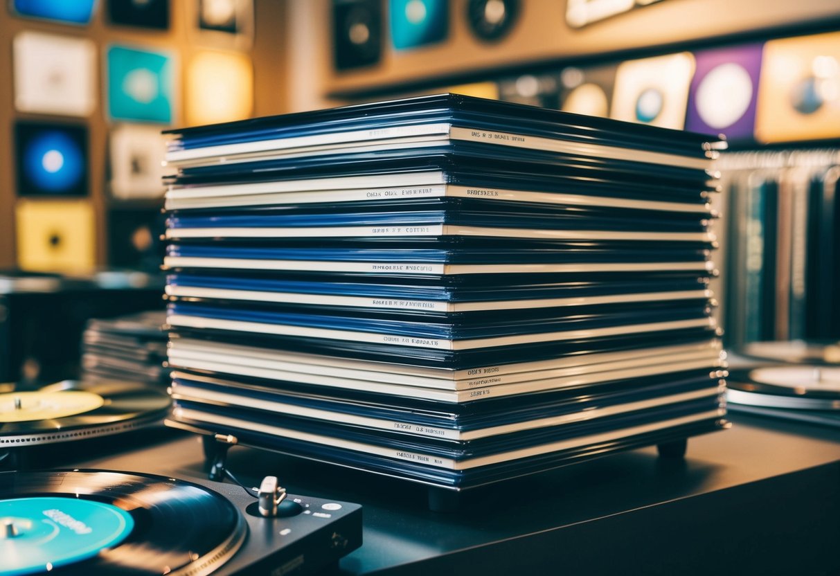 A stack of limited edition Oasis vinyl records displayed on a promotional table at a music store
