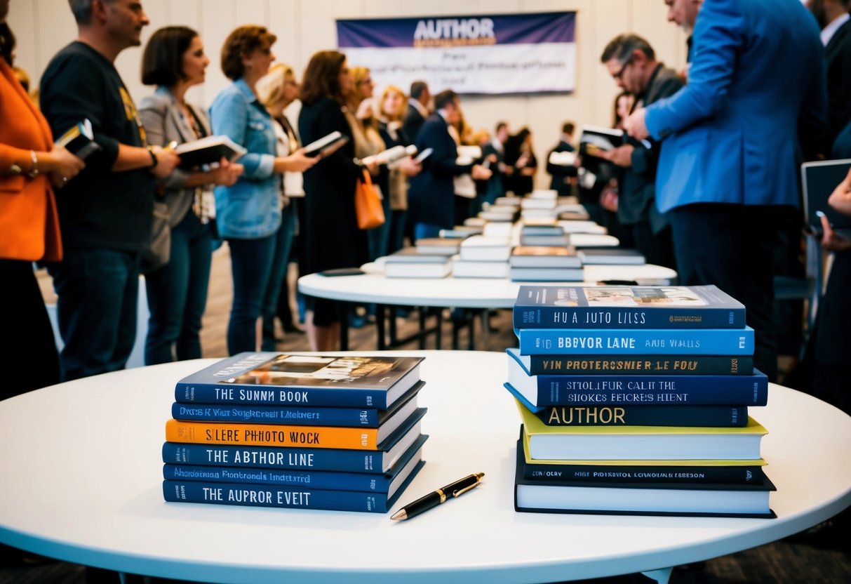 A table with a stack of photo books, a pen, and a line of people waiting to meet the author for a signing event. A banner with the author's name hangs in the background