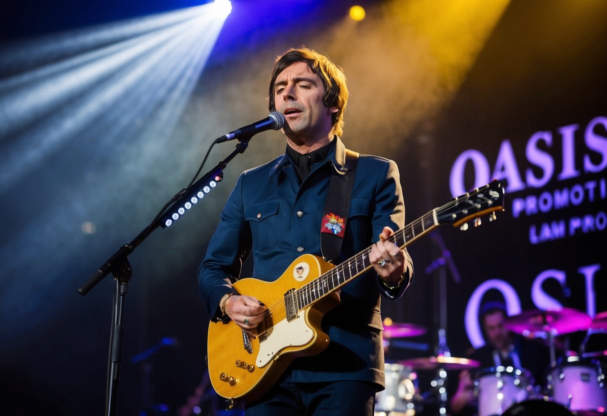 Liam Gallagher performs on stage under the glowing lights of a solo gig, surrounded by Oasis promotions