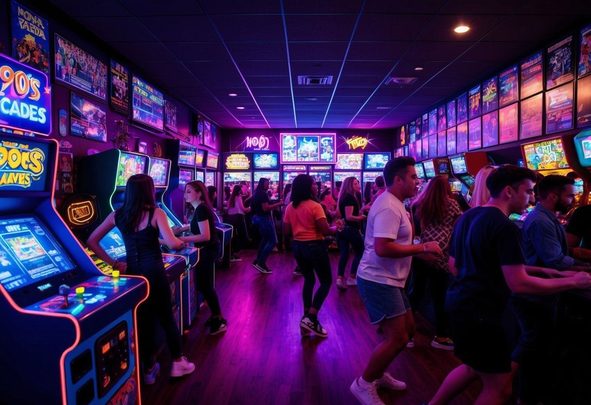 A neon-lit arcade filled with '90s memorabilia and music posters, crowded with people playing vintage video games and dancing to throwback hits