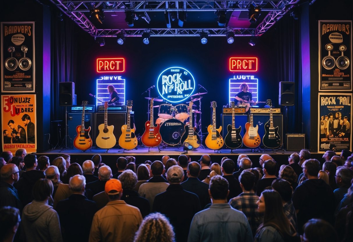 A stage with vintage guitars, concert posters, and neon lights. A crowd of people admiring the rock 'n' roll memorabilia