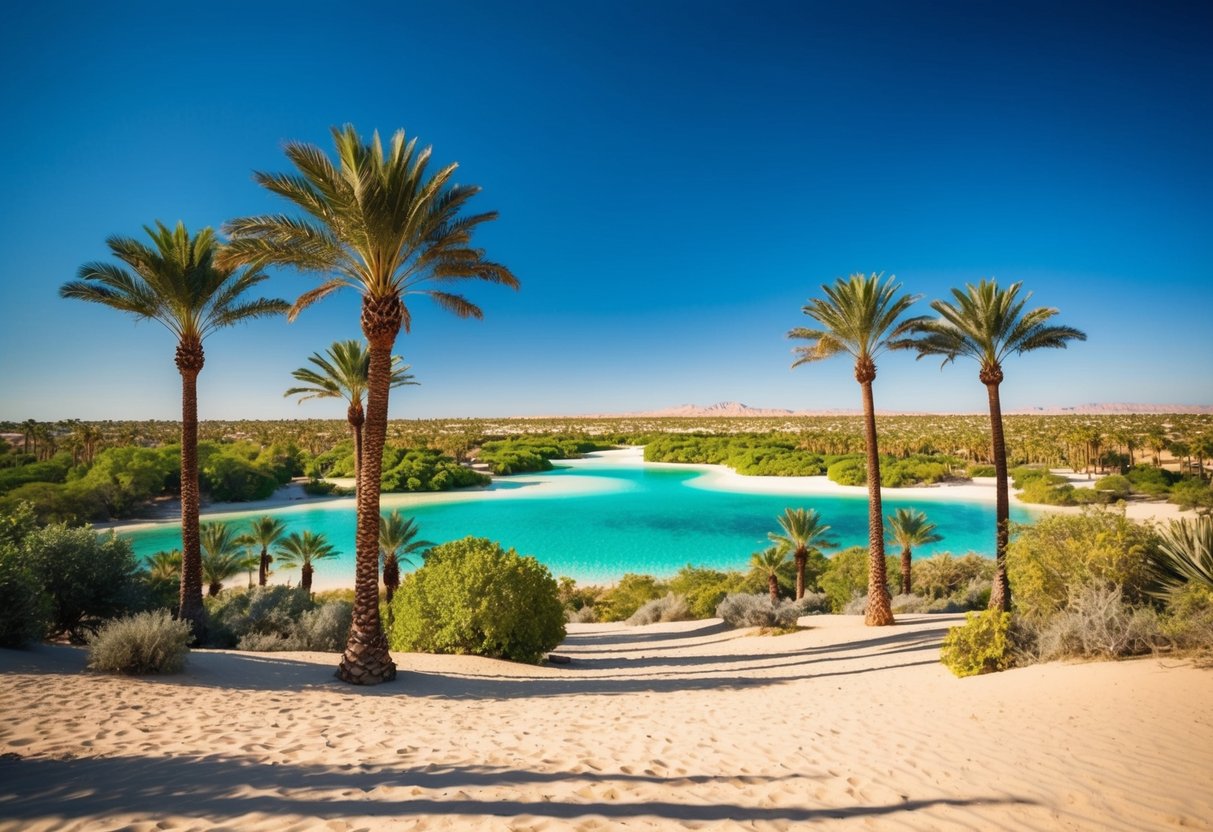 A vibrant desert landscape with palm trees, a clear blue sky, and a shimmering oasis surrounded by lush greenery