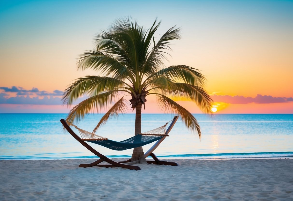 A serene beach with a palm tree and a hammock, surrounded by clear blue waters and a colorful sunset in the background