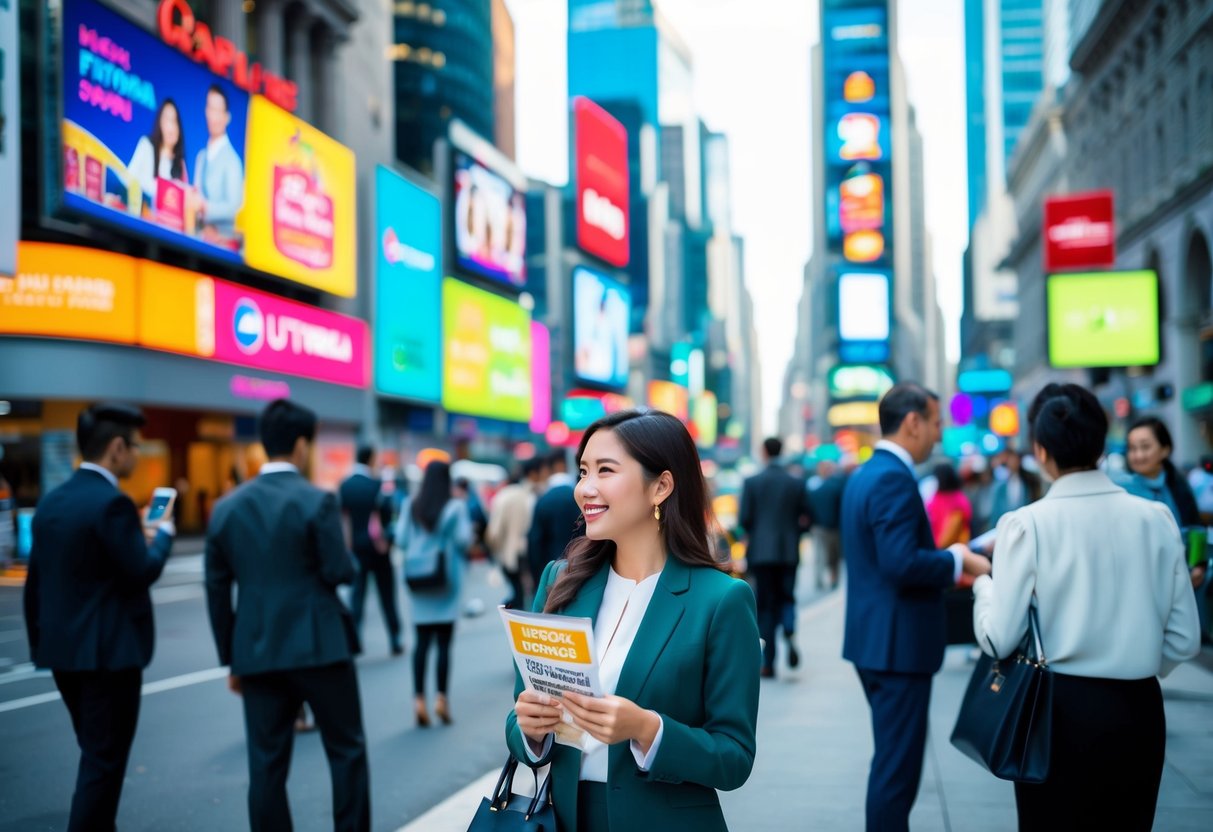 A bustling city street with vibrant billboards and people engaging with promotional materials