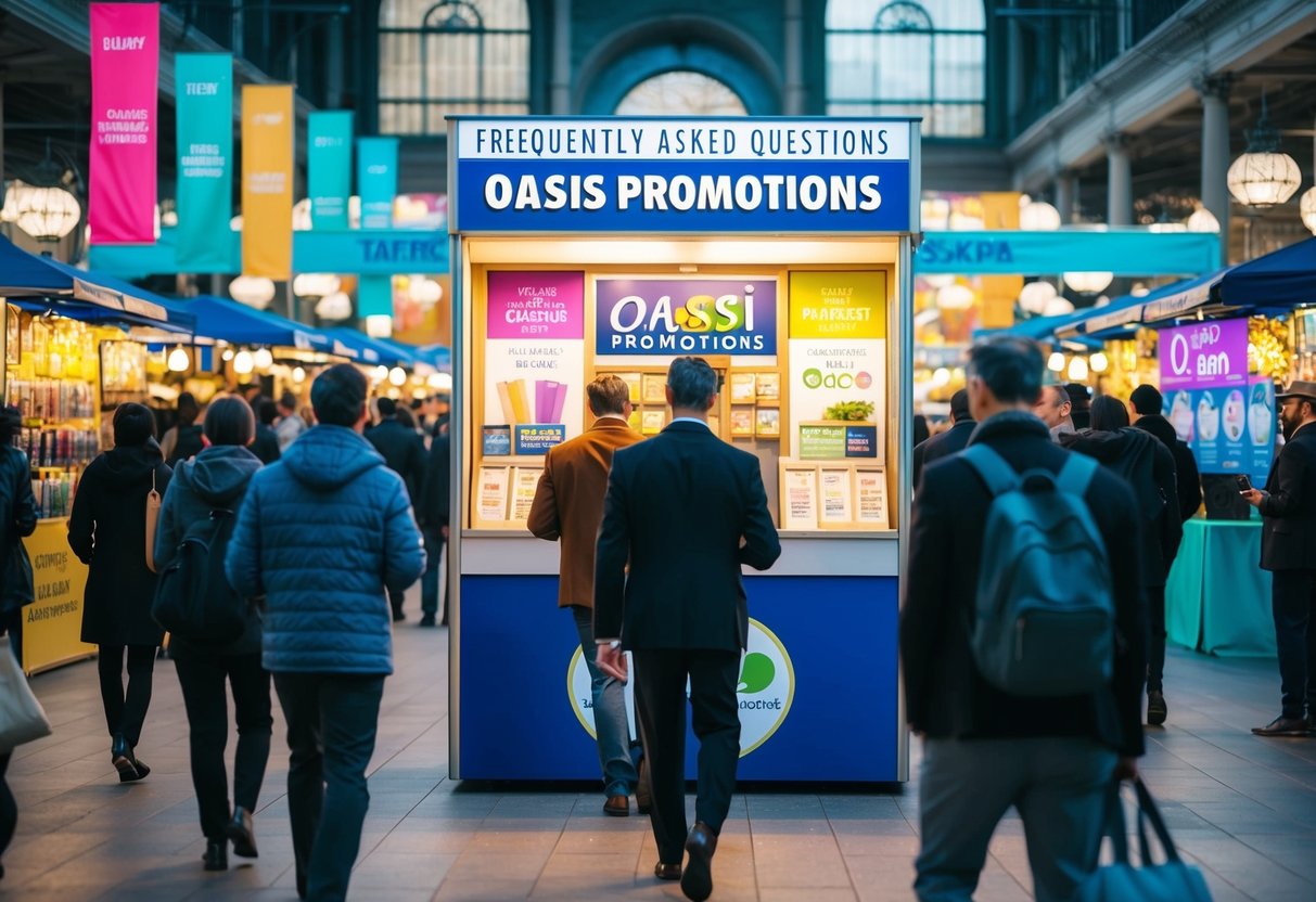 A bustling marketplace with people approaching a kiosk labeled "Frequently Asked Questions Oasis Promotions," with colorful banners and promotional materials displayed